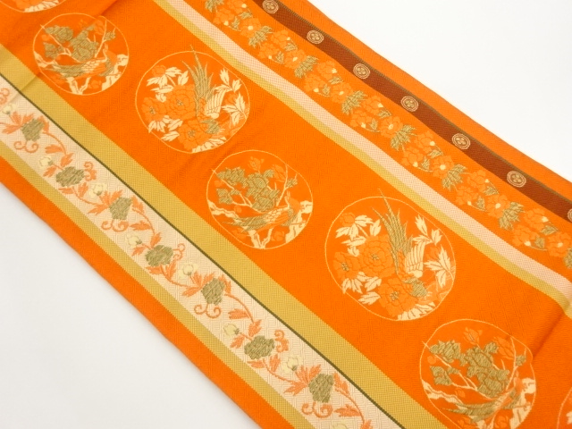 本場筑前博多丸に花葉・鳥模様織出し名古屋帯